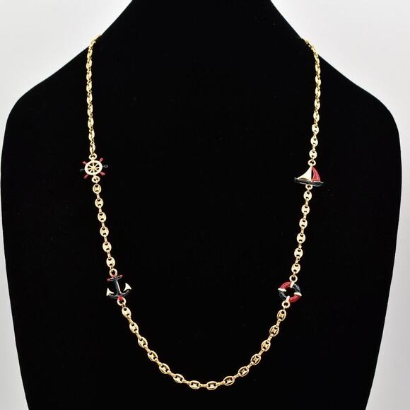 Unbranded Jewelry - Vintage Mariner Station Chain Necklace Anchor Sail Boat Helm Red Blue Gold BinBC